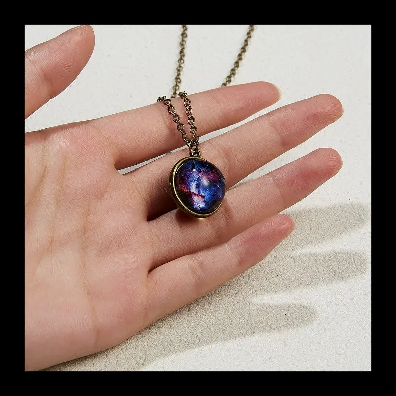 Fashion New Galaxy Nebula Universe Luminous Double-sided Retro Pendant Necklace Creative Starry Sky Light Luxury Geometry