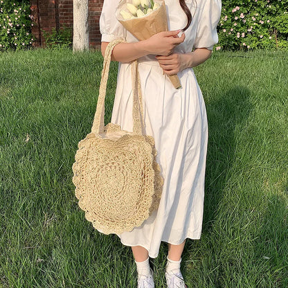 Bohemian Straw Bags for Women Circle Beach Handbags Summer Rattan Shoulder Bags Handmade Knitted Travel Big Totes Bag New