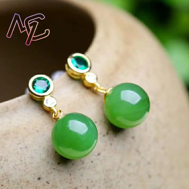 Green Natural Jade Bead Earrings Ear Stud Lucky Luxury Talismans Real Jewelry Fashion Accessories Vintage Designer