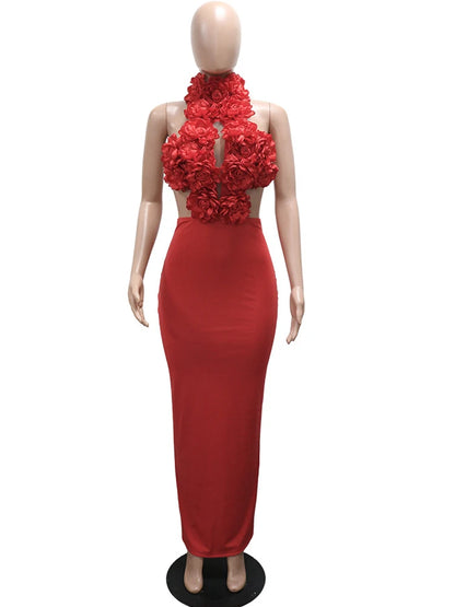 Beyprern Beautiful Off Shoulder 3D Flowers Bandage Maxi Dress For Women Glam Backless Fitted Party Dresses Gown Brithday Outfits