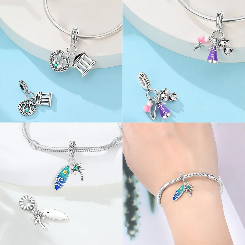 New 925 Silver Charms Greek Temple Paris Tower London Big Ben Beads Pendant Fit Original Bracelet DIY Cultural Fine Jewelry Gift