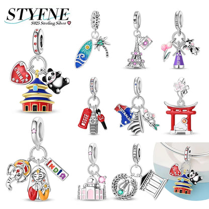 New 925 Silver Charms Greek Temple Paris Tower London Big Ben Beads Pendant Fit Original Bracelet DIY Cultural Fine Jewelry Gift