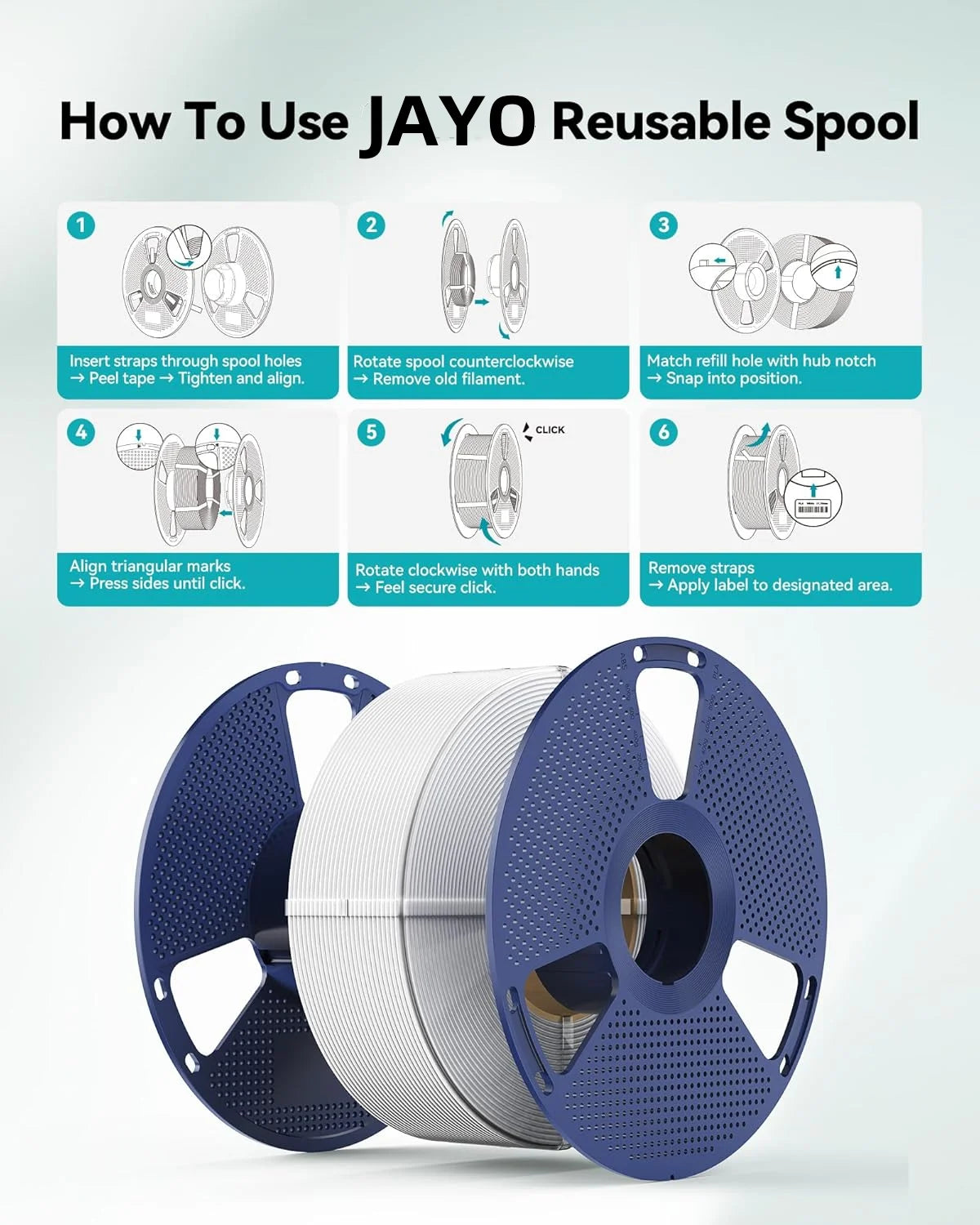 JAYO Refill PETG/PLA+ Filament 1.75mm Refill 3D Printer Filament, Suitable for Bambu Lab Filament & JAYO Reusable spools 6Rolls
