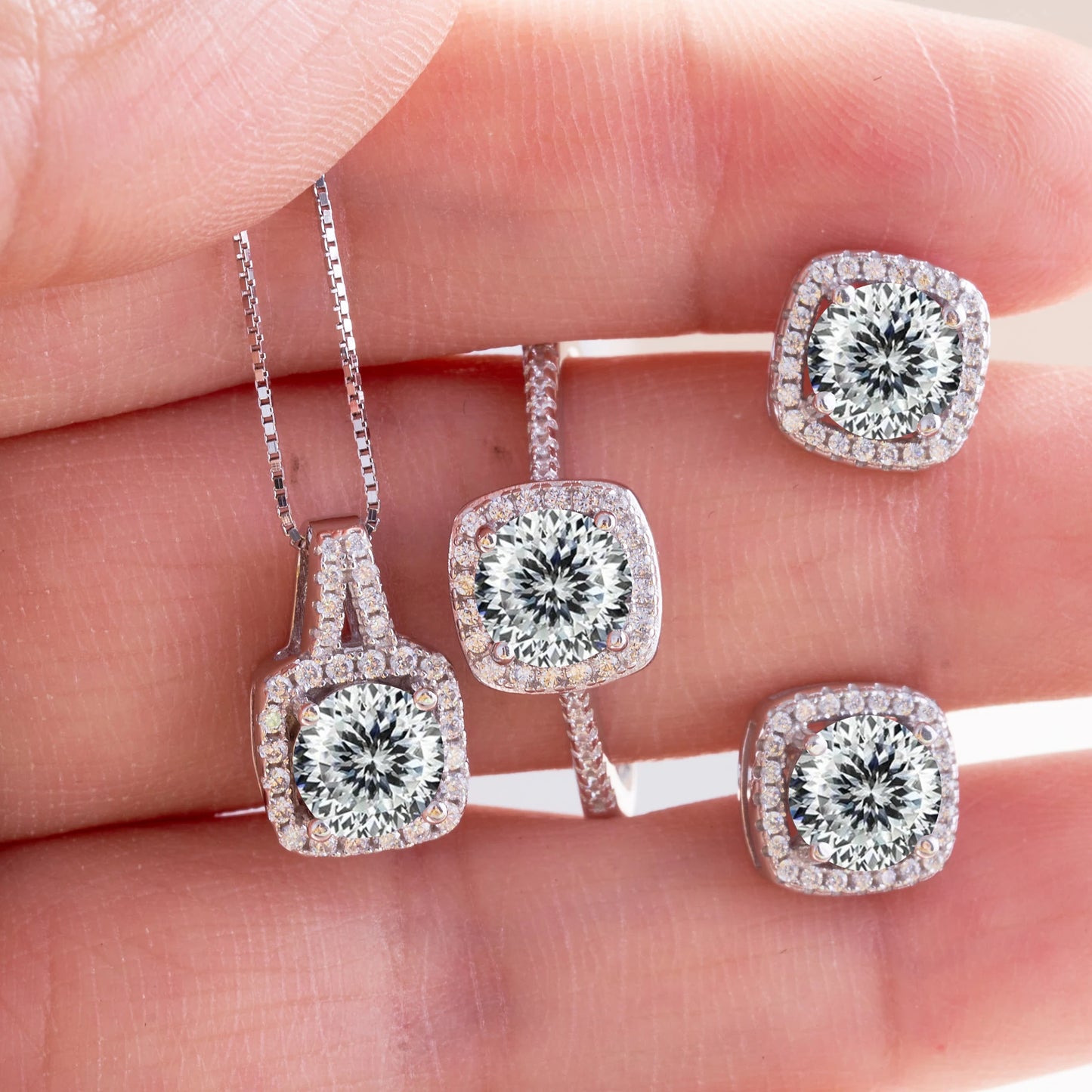 Women's Round Cut D Color Moissanite Jewelry Set Real 925 Silver Pendant Necklace and Stud Earrings female dating fine Jewelry