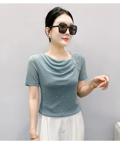 Korean Fashion Hot Diamond T Shirt Summer Casual Skew Neck Mesh Tops Beaded Short Sleeve Women Tees