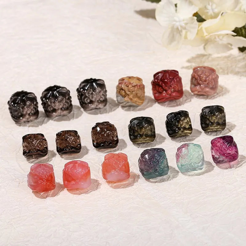 1 Pc Natural Stone Fluorite Obsidian Rock Quartz Carved Lion Head Beads With Hole For Jewelry Making Diy Necklace Bracelet