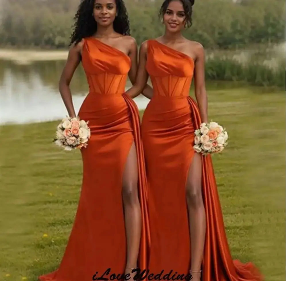 Orange One Shoulder Bridesmaid Dresses 2025 Wedding Party Dresses For Woman Elegant Mermaid Ribbons Sweep Train Satin Customized