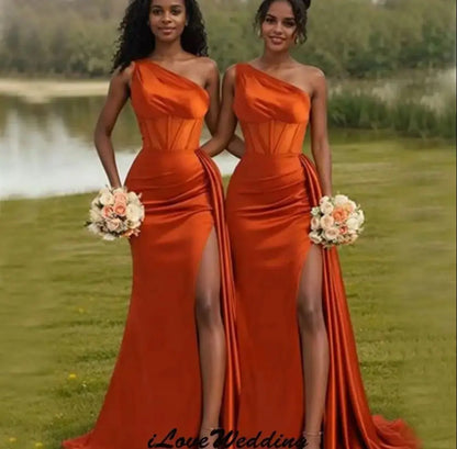 Orange One Shoulder Bridesmaid Dresses 2025 Wedding Party Dresses For Woman Elegant Mermaid Ribbons Sweep Train Satin Customized