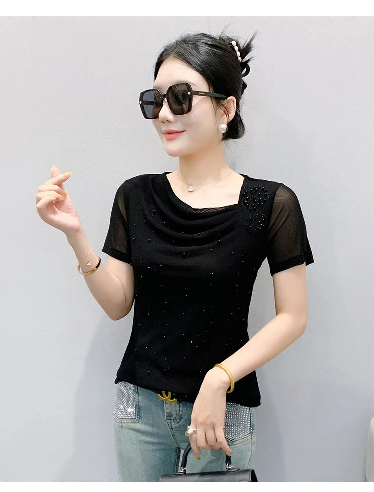 Korean Fashion Hot Diamond T Shirt Summer Casual Skew Neck Mesh Tops Beaded Short Sleeve Women Tees