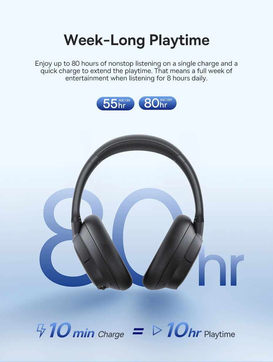 Baseus Bass EH10 NC Wireless Headphones Bluetooth 6.0 Noise Canceling 45dB Over Ear HeadsetSpatial Audio Earphone 80H Time