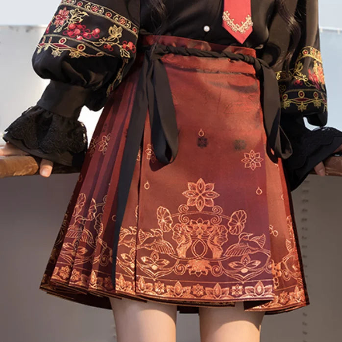 2023 Spring Summer New Fashion Printing High Waist Strap A-line Skirt Women High Street Chinese Style Loose Casual Pleated Skirt