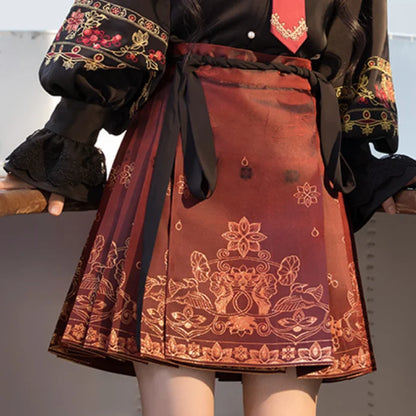 2023 Spring Summer New Fashion Printing High Waist Strap A-line Skirt Women High Street Chinese Style Loose Casual Pleated Skirt