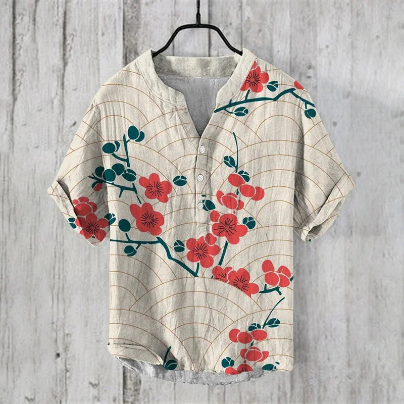 2025 New Hawaiian Fashion Short Sleeve Shirt 3D Printed Bamboo Linen Casual Loose Pullover Button Men's Shirt S-5XL