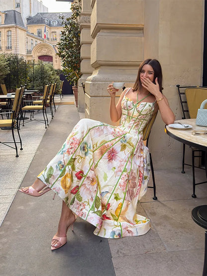 Women Elegant Printed Halter Long Sling Dress Sexy V-neck Sleeveless High Waist Slim A-line Dresses Lady Evening Party Dress