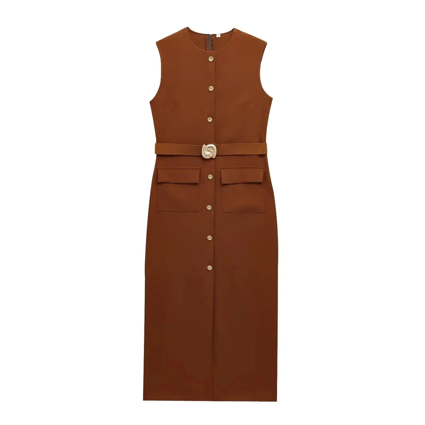 MUJER 2025 Women's Dress Summer Sleeveless Midi Dress Woman Red Black Office Long Dresses for Women Chic Belt Button Dress Women