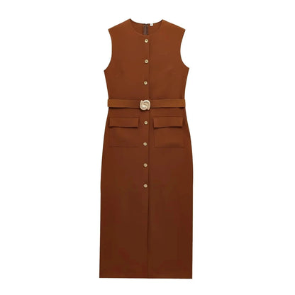 MUJER 2025 Women's Dress Summer Sleeveless Midi Dress Woman Red Black Office Long Dresses for Women Chic Belt Button Dress Women