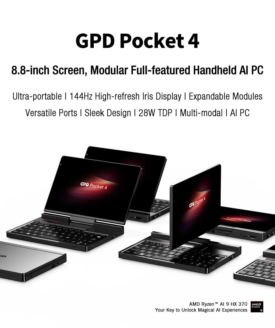 New GPD Pocket 4 2025 Mini Laptop PC 8 Inch AI 9 HX 370 8840U 16/32/64GB RAM 1/2TB NVME SSD 2K 144HZ Full-featured Handheld WIFI