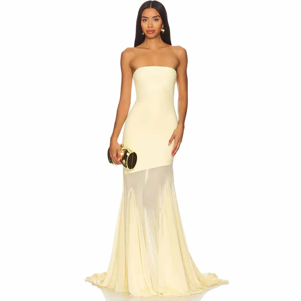 Women's Long Chic Evening Dresses 2025 Spandex Tulle Mermaid Valentine's Day Dress Pale yellow Strapless Ruched Prom Gown Long