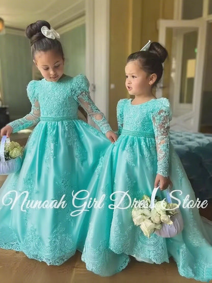 White Flower Girl Dresses for Wedding Bow Lace Appliques Floor Length Girls Kids Birthday Party Communion Party Gowns Customized