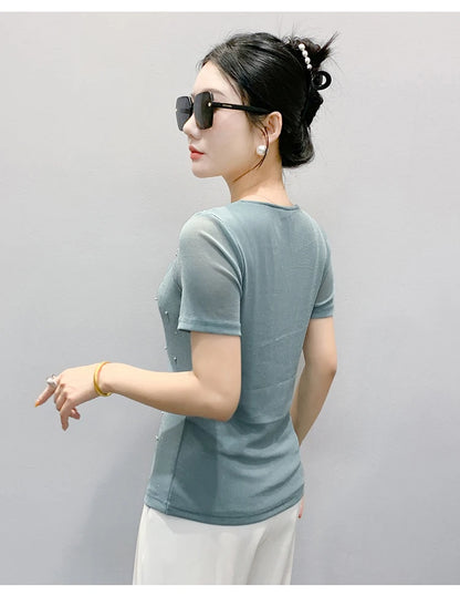 Korean Fashion Hot Diamond T Shirt Summer Casual Skew Neck Mesh Tops Beaded Short Sleeve Women Tees
