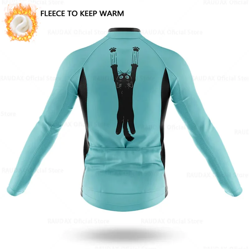 Cartoon Cat Winter Cycling Jersey Men Thermal Fleece Long Sleeve Race Sweatshirt MTB Cycling Clothing Ropa Ciclismo Bike Jacket