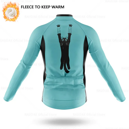 Cartoon Cat Winter Cycling Jersey Men Thermal Fleece Long Sleeve Race Sweatshirt MTB Cycling Clothing Ropa Ciclismo Bike Jacket