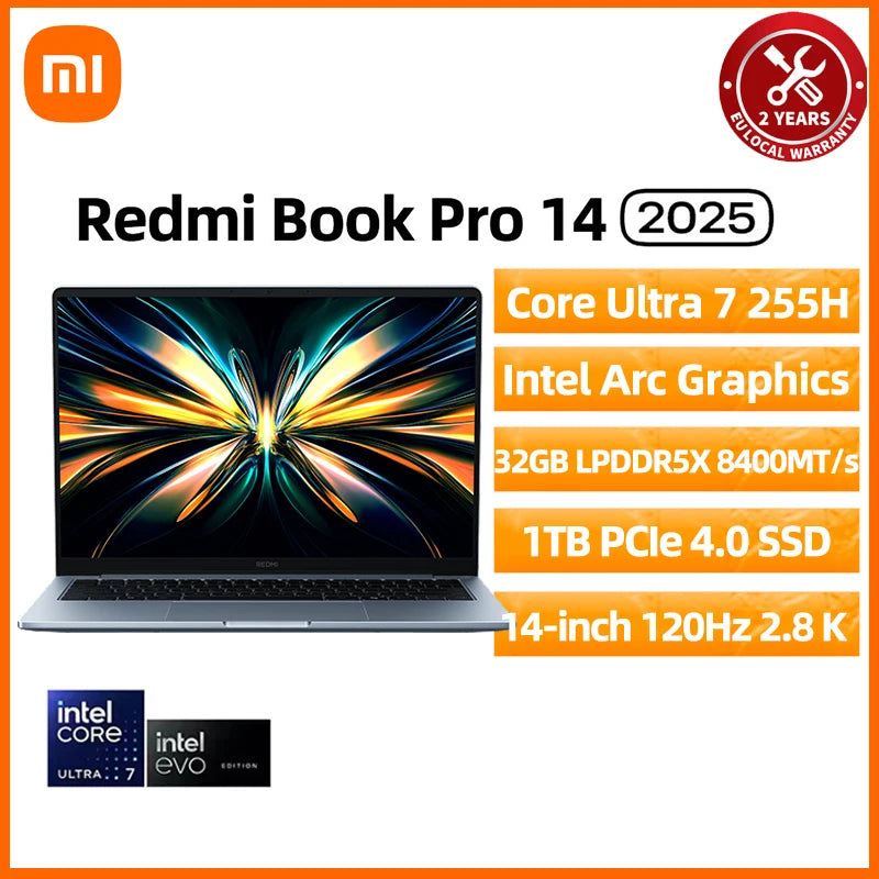 Xiaomi REDMI Book Pro 14 Laptop Ultra 7 255H/Ultra 5 225H Intel Arc Graphics 32GB LPDDR5X 1T SSD 14-inch 120Hz 2.8K Screen