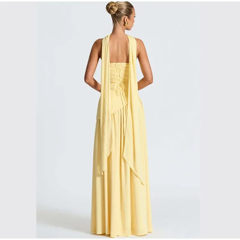 Elegant Off-shoulder Strapless Yellow Long Dresses 2025 Summer Party Dress Women Pleat Scarf Neck Holiday Evening Lady Vestidos