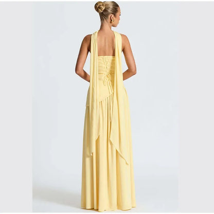 Elegant Off-shoulder Strapless Yellow Long Dresses 2025 Summer Party Dress Women Pleat Scarf Neck Holiday Evening Lady Vestidos