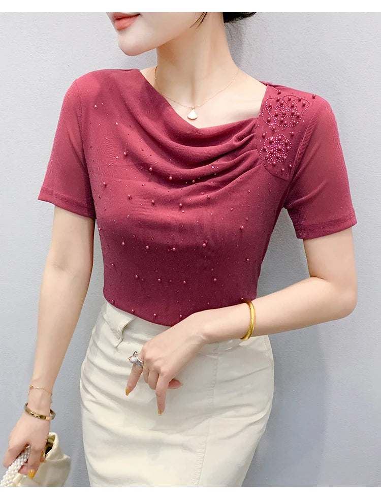 Korean Fashion Hot Diamond T Shirt Summer Casual Skew Neck Mesh Tops Beaded Short Sleeve Women Tees
