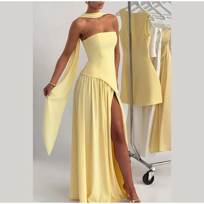 Elegant Off-shoulder Strapless Yellow Long Dresses 2025 Summer Party Dress Women Pleat Scarf Neck Holiday Evening Lady Vestidos