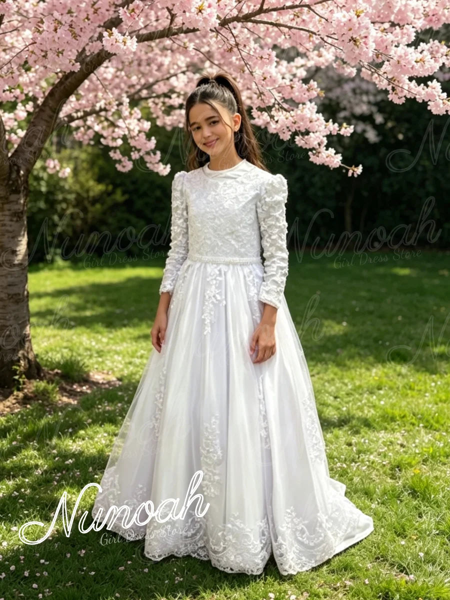 White Flower Girl Dresses for Wedding Bow Lace Appliques Floor Length Girls Kids Birthday Party Communion Party Gowns Customized