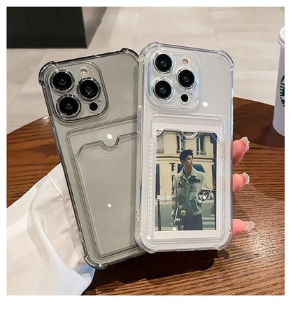 Transparent Card Wallet Slot Bag Holder Case For iPhone 16 15 14 13 12 11 Pro Max Mini X XR 7 8 Plus Clear Shockproof Soft Cover