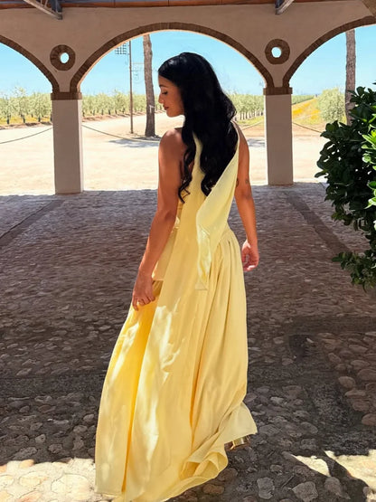 Elegant Off-shoulder Strapless Yellow Long Dresses 2025 Summer Party Dress Women Pleat Scarf Neck Holiday Evening Lady Vestidos