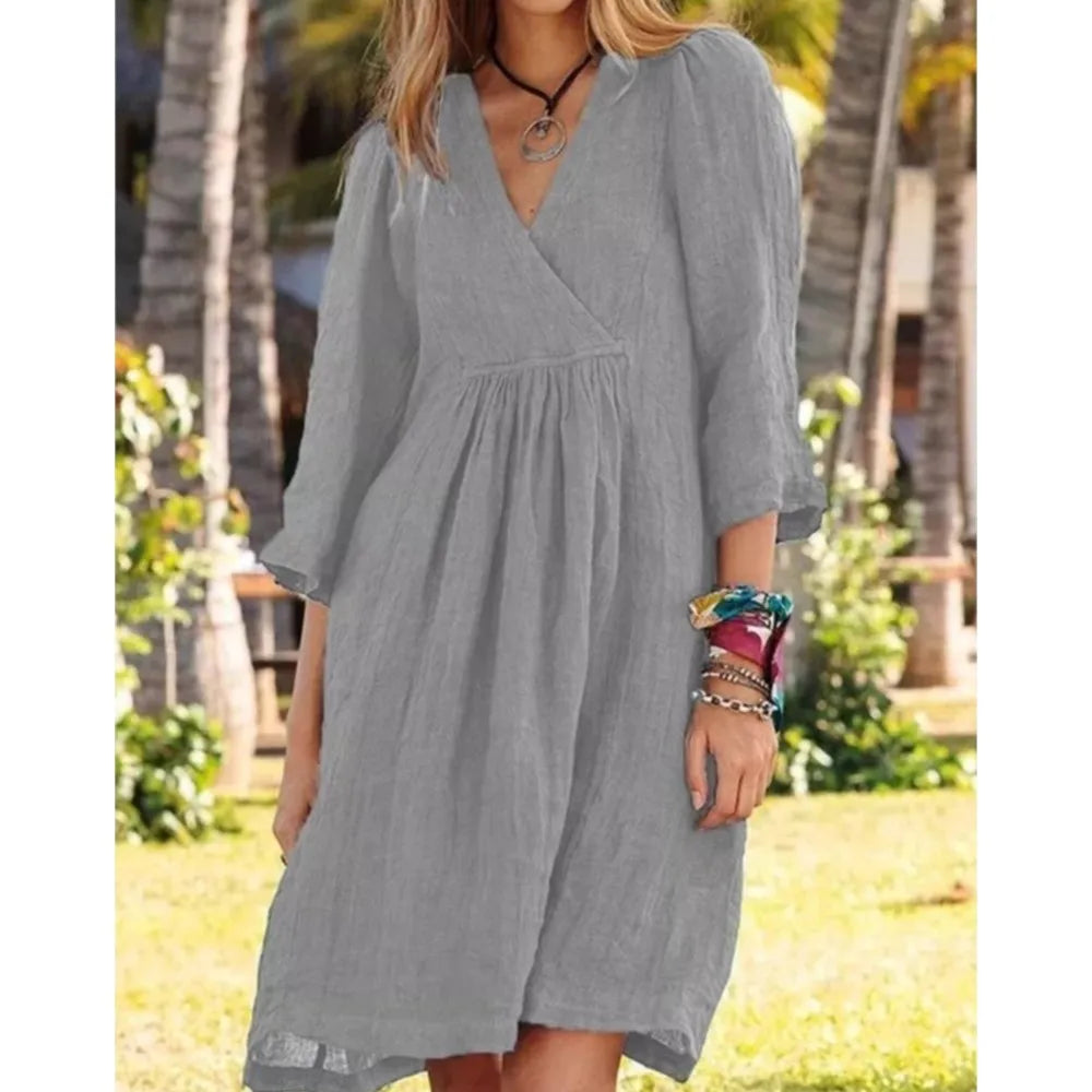 Cotton Linen Solid Color Dress Women's Spring Summer Seven Quarter Sleeve Sexy V-neck Casual Loose Mid Length Dress