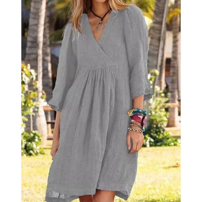 Cotton Linen Solid Color Dress Women's Spring Summer Seven Quarter Sleeve Sexy V-neck Casual Loose Mid Length Dress