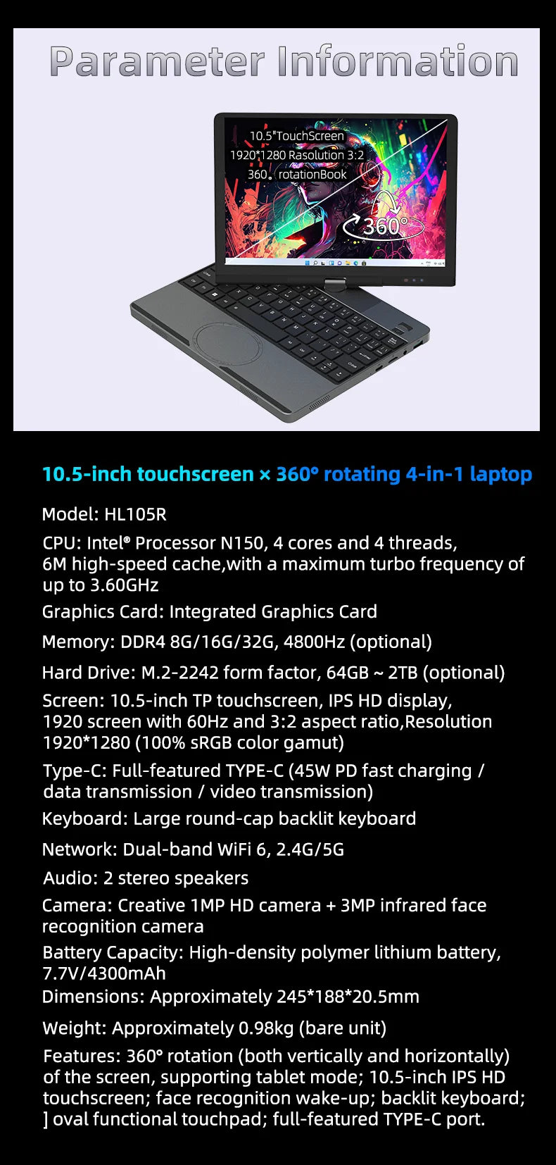 10.5Inch Touch Screen Laptop Intel N95 16GB DDR4 1TB SSD Portable Mini Office Notebook PC Full-function Type-C Port