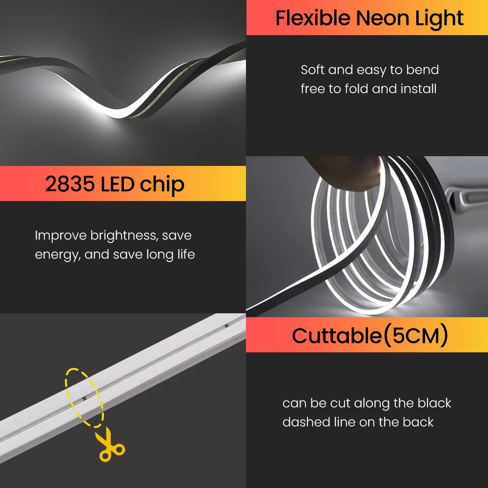 12V 24V 5M 10M 20M LED Neon Sign Strip Light Waterproof Silicone Rope Lights Flexible Lamp with 2pin Wire 120LED 2835 0.5M Decor