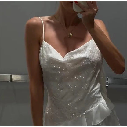 Women's Sexy Sequin Ruffle Short Dress Slim Spaghetti Strap Sleeveless Backless Party Gown for Summer 2025 Elegant Female Dress