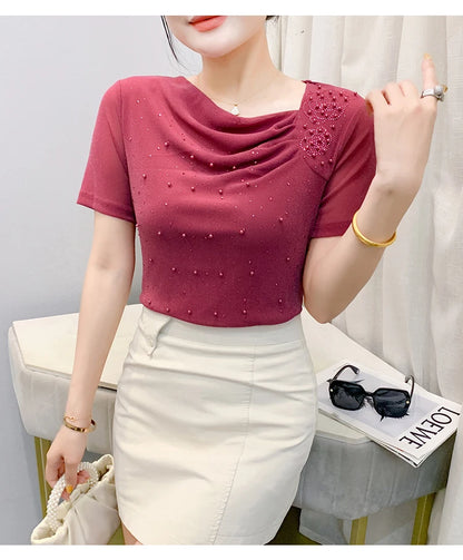Korean Fashion Hot Diamond T Shirt Summer Casual Skew Neck Mesh Tops Beaded Short Sleeve Women Tees