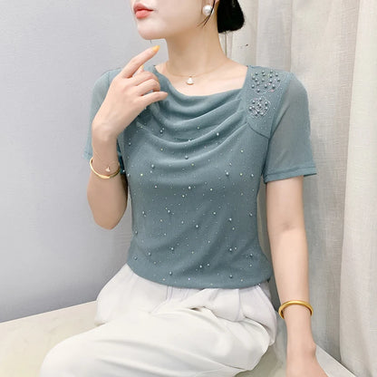 Korean Fashion Hot Diamond T Shirt Summer Casual Skew Neck Mesh Tops Beaded Short Sleeve Women Tees