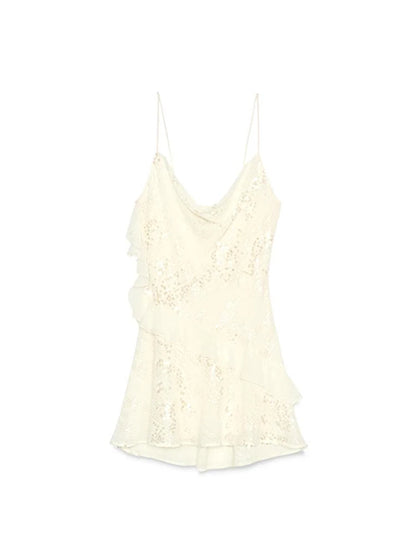 Women's Sexy Sequin Ruffle Short Dress Slim Spaghetti Strap Sleeveless Backless Party Gown for Summer 2025 Elegant Female Dress