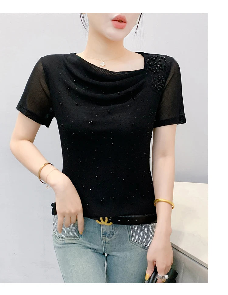 Korean Fashion Hot Diamond T Shirt Summer Casual Skew Neck Mesh Tops Beaded Short Sleeve Women Tees