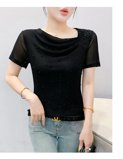 Korean Fashion Hot Diamond T Shirt Summer Casual Skew Neck Mesh Tops Beaded Short Sleeve Women Tees