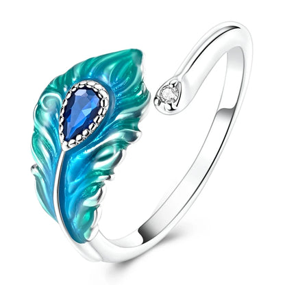 Original 925 Sterling Silver Malachite Green Open Ring Peacock Feather Adjustable Ring For Women Gift