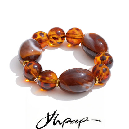Yhpup New Arrivals Amber Acrylic Resin Round Beads Chain Handmade Bracelet Stainless Steel Stylish Unique Distinctive Jewelry