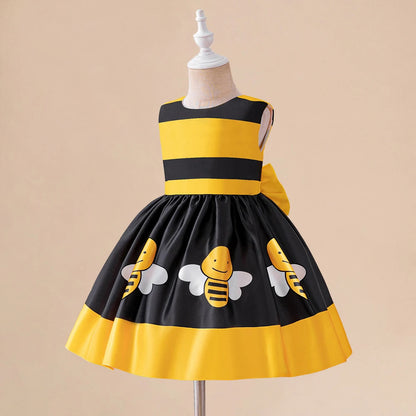 Yellow Honey Bee Tutu Party Dress For Baby Girl Kids Bee Stripe Summer Casual Dresses Children Bow Daily Holiday Gown Girls Wear