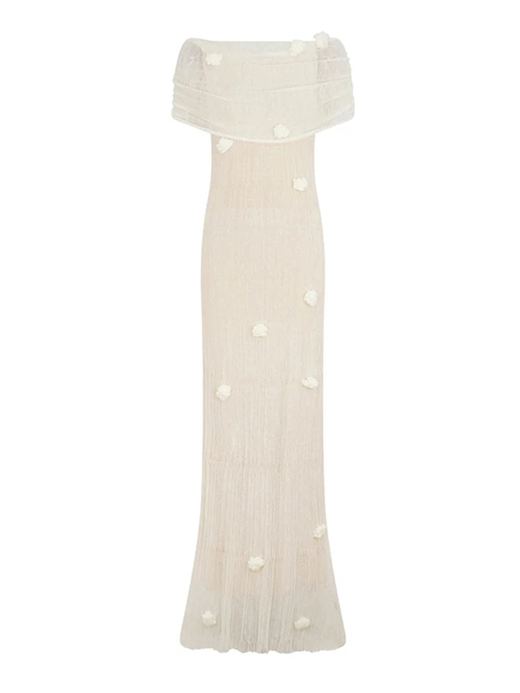Chic 3D Flower Sleeveless Slim Maxi Dress Elegant Off Shoulder Knitted Long Dresses for Women 2025 Spring New Evening Party Robe