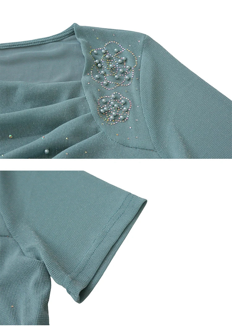 Korean Fashion Hot Diamond T Shirt Summer Casual Skew Neck Mesh Tops Beaded Short Sleeve Women Tees