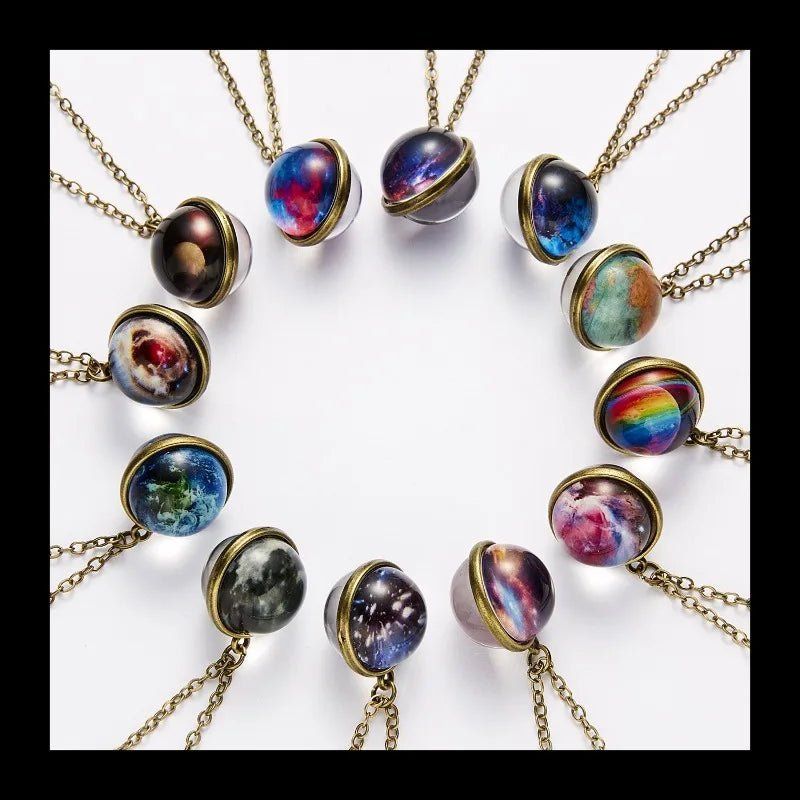 Fashion New Galaxy Nebula Universe Luminous Double-sided Retro Pendant Necklace Creative Starry Sky Light Luxury Geometry